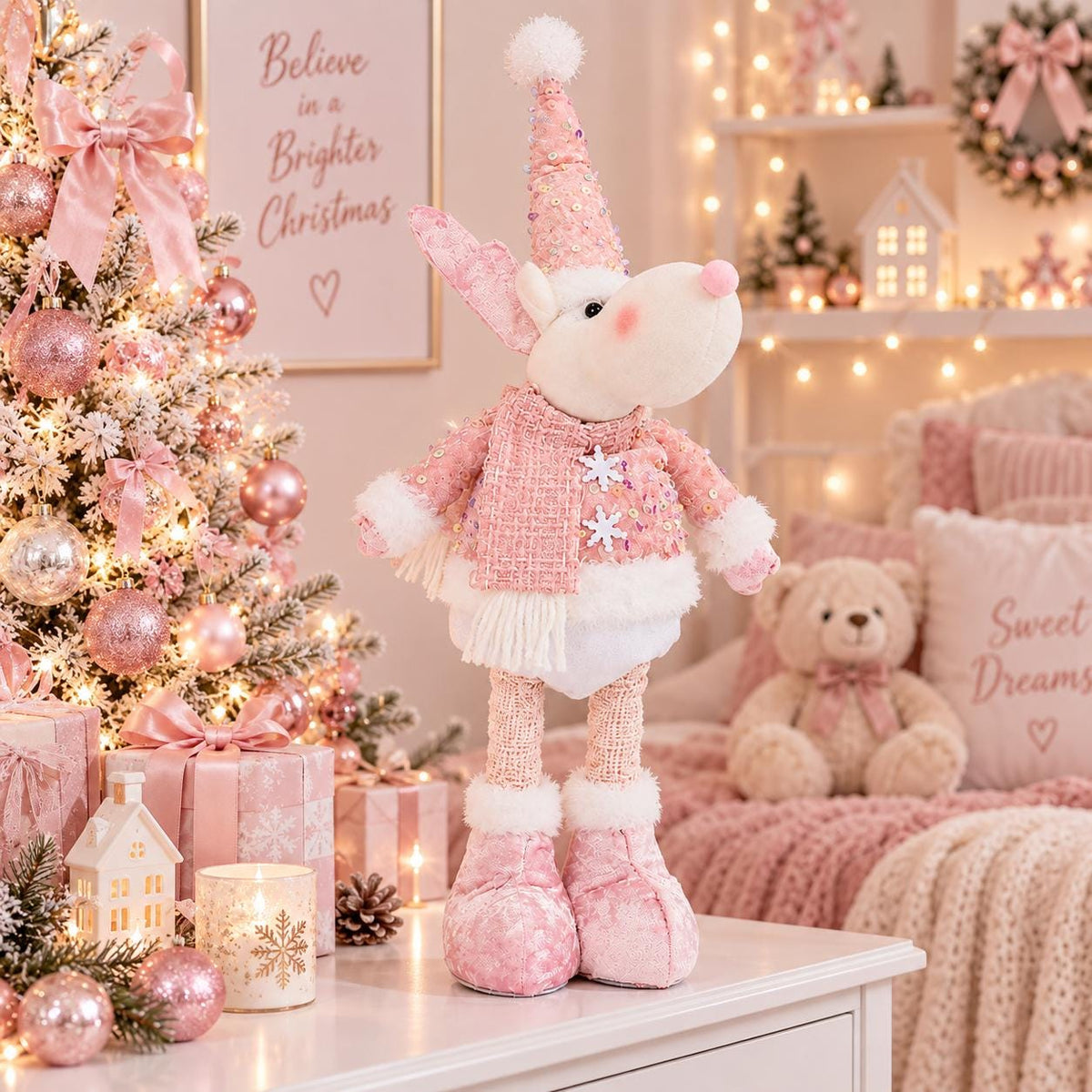 Pink Sequin Reindeer Plush Figurine, Extendable Legs, Blush Christmas Decor