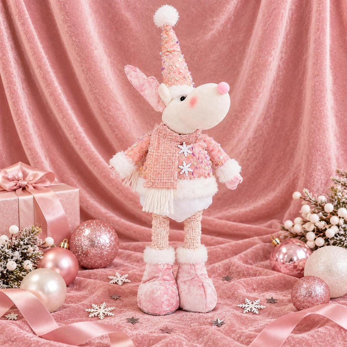 Pink Sequin Reindeer Plush Figurine, Extendable Legs, Blush Christmas Decor – view 3