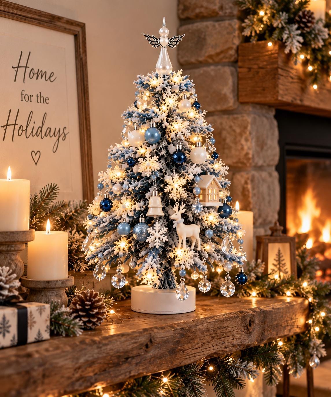 Handmade Beaded Christmas Tree, Blue Flocked, Crystal Ornaments, LED Lights (Tabletop Decor) – view 2
