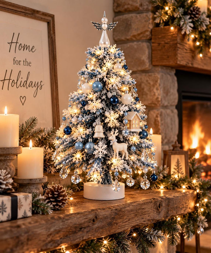 Handmade Beaded Christmas Tree, Blue Flocked, Crystal Ornaments, LED Lights (Tabletop Decor)