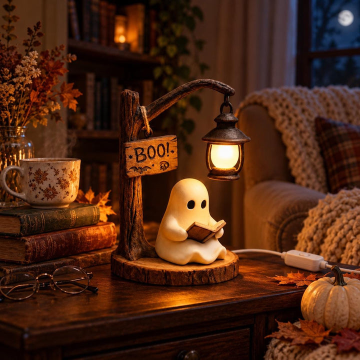Ghost Reading Lantern Night Light, Rustic Wood Base, Warm LED Glow (Resin Figurine)