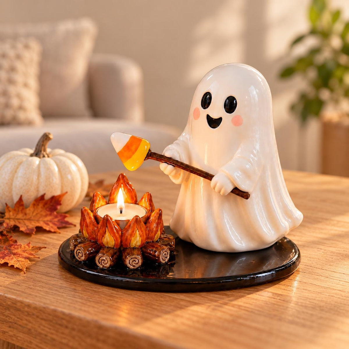 Resin Ghost Campfire Tealight Holder, Halloween Candy Corn Decor – view 2