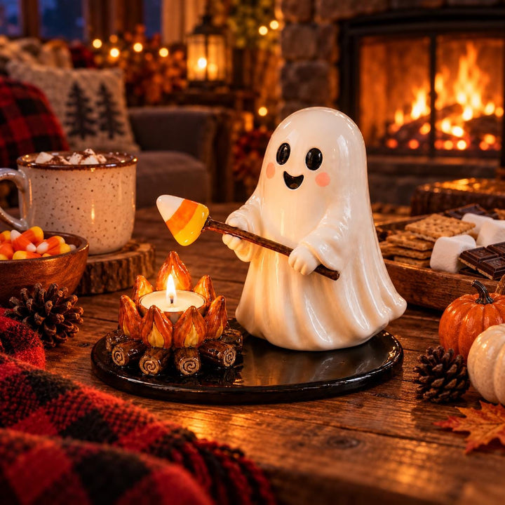 Resin Ghost Campfire Tealight Holder, Halloween Candy Corn Decor