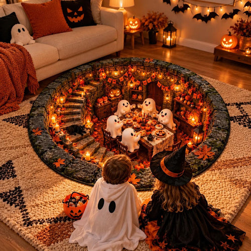 3D Halloween Ghost Dinner Party Round Rug, Spooky Stone Cellar Illusion Area Rug, Non-Slip Foam Cushion Floor