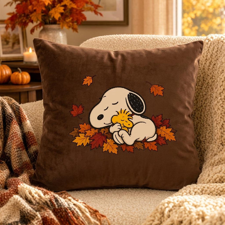 Cozy Fall Sleeping Pup & Bird Velvet Pillow Case – Double-Sided Autumn Leaves Decorative Cushion Cover, Envelope Closure