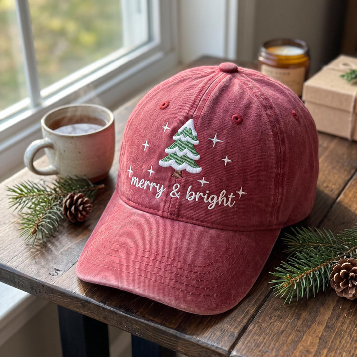 Embroidered Merry And Bright Hat: Christmas Tree Washed Cotton Cap, Vintage Holiday Dad Hat