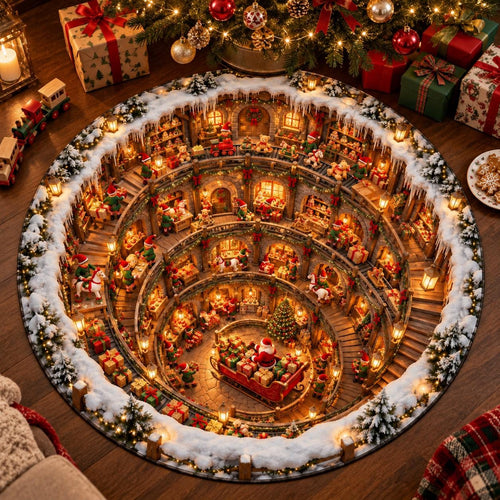 3D Santa's Workshop Round Rug, Christmas Illusion Area Rug, Non-Slip Foam Cushion Floor Mat, Holiday Home – view 2