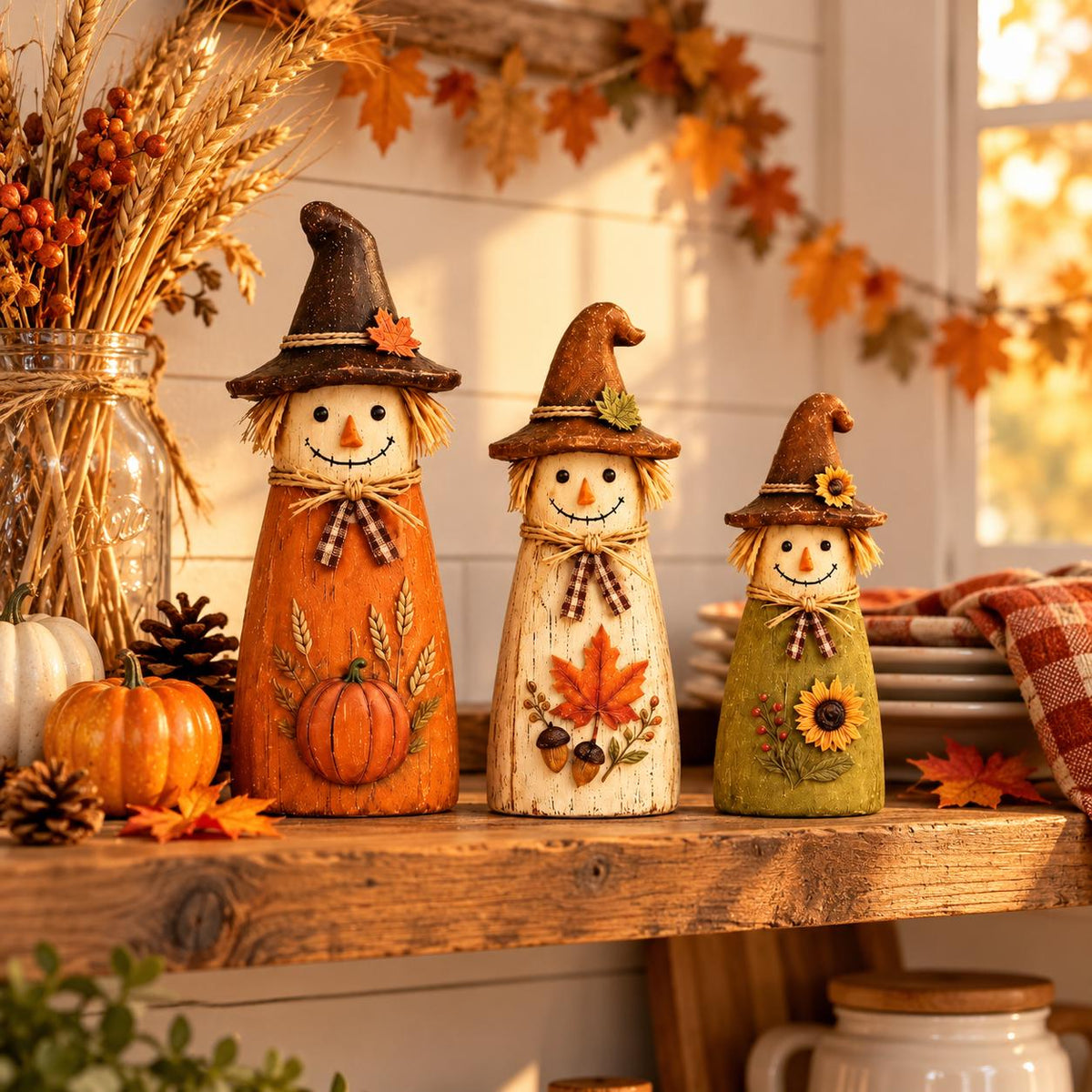 3-Piece Wooden Scarecrow Set, Orange White Green Fall Decor, Rustic Harvest Tabletop Decoration, Autumn Home A – view 2