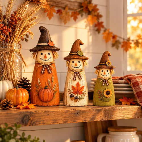 3-Piece Wooden Scarecrow Set, Orange White Green Fall Decor, Rustic Harvest Tabletop Decoration, Autumn Home A – view 2