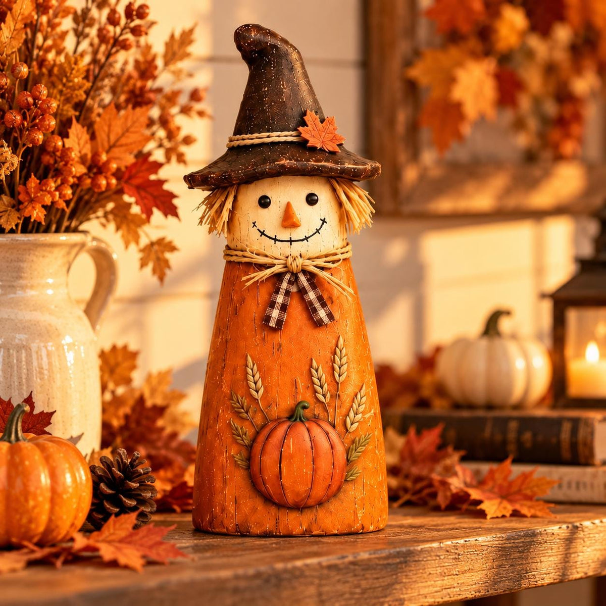 3-Piece Wooden Scarecrow Set, Orange White Green Fall Decor, Rustic Harvest Tabletop Decoration, Autumn Home A – view 3