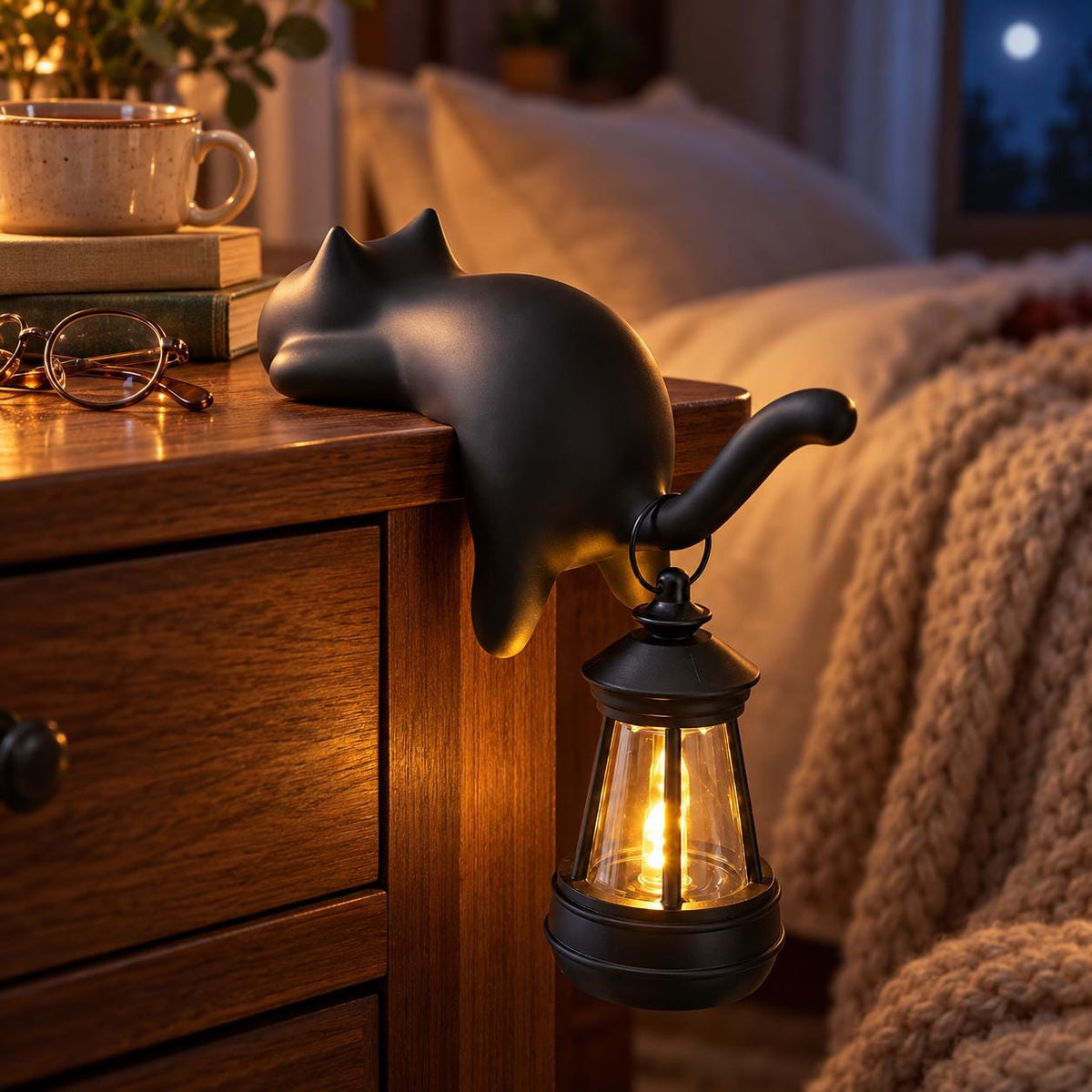 3D Printed Cat Shelf Hook with Lantern, Cute Cat-Shaped Bookshelf Key Hook Decor, Shelf Sitter with Hanging La – view 4