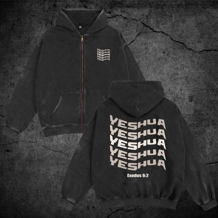 Yeshua Washed Zip Hoodie, Christian Faith Graphic Jacket, Vintage Jesus Messiah Religious Streetwear Pullover