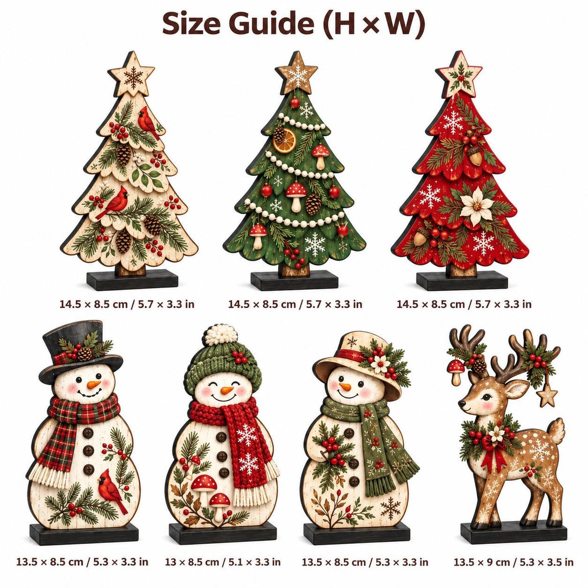Woodland Wooden Christmas Decor Set 7pc, Cardinal Mushroom Snowman Tree Reindeer Tabletop Ornament, Rustic Hol – view 3