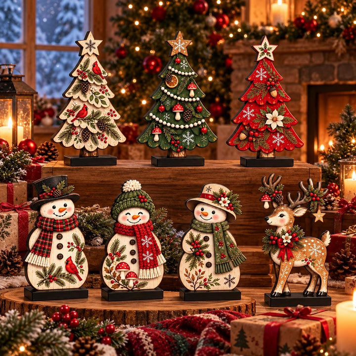 Woodland Wooden Christmas Decor Set 7pc, Cardinal Mushroom Snowman Tree Reindeer Tabletop Ornament, Rustic Holiday Shelf Decoration Gift