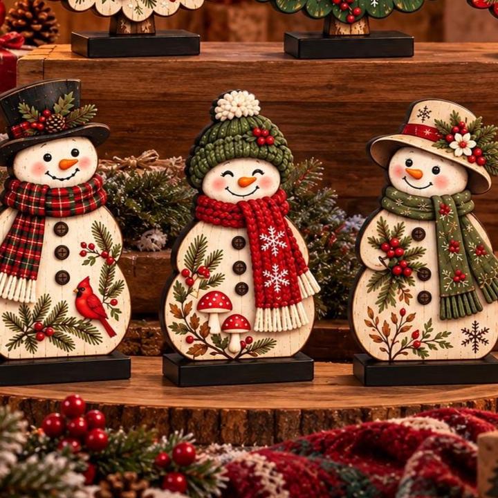 Woodland Wooden Christmas Decor Set 7pc, Cardinal Mushroom Snowman Tree Reindeer Tabletop Ornament, Rustic Holiday Shelf Decoration Gift