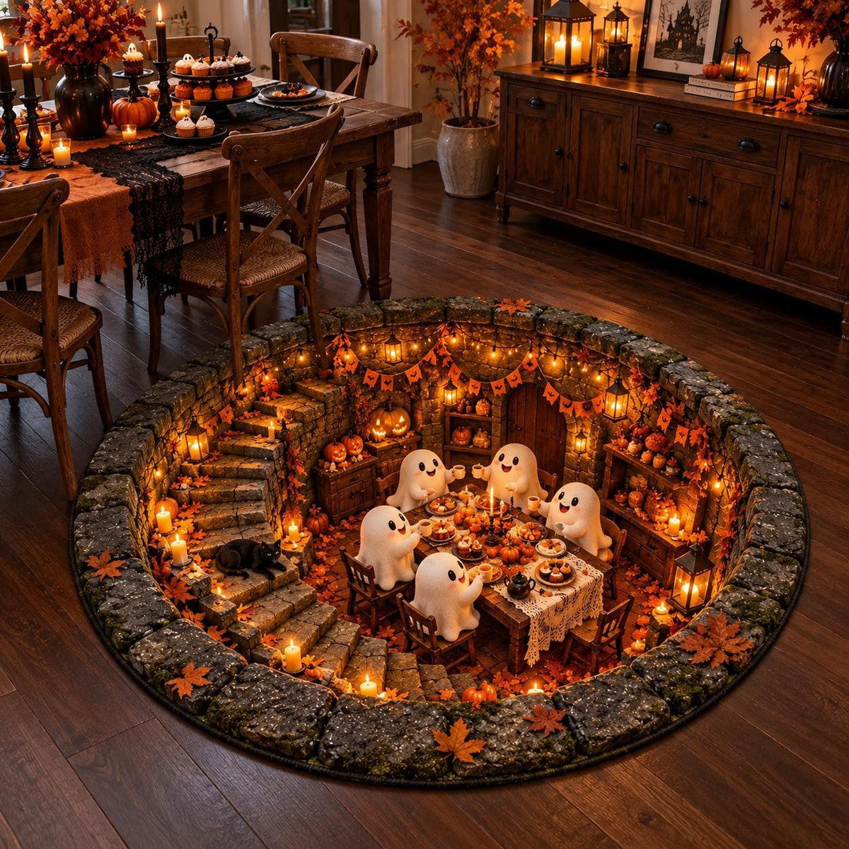 3D Halloween Ghost Dinner Party Round Rug, Spooky Stone Cellar Illusion Area Rug, Non-Slip Foam Cushion Floor – view 2