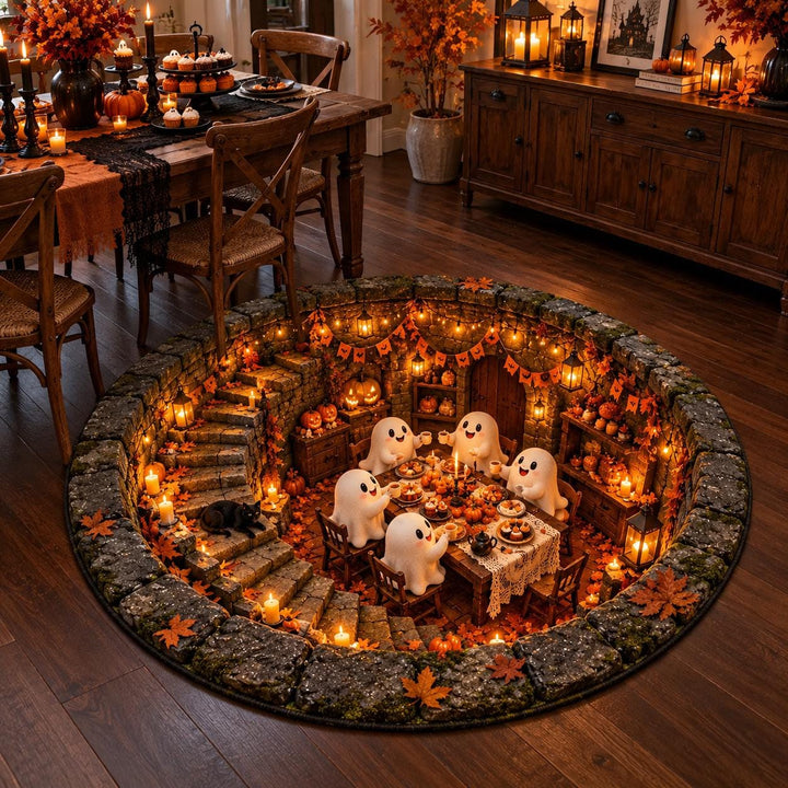 3D Halloween Ghost Dinner Party Round Rug, Spooky Stone Cellar Illusion Area Rug, Non-Slip Foam Cushion Floor Mat, Halloween Home Decor