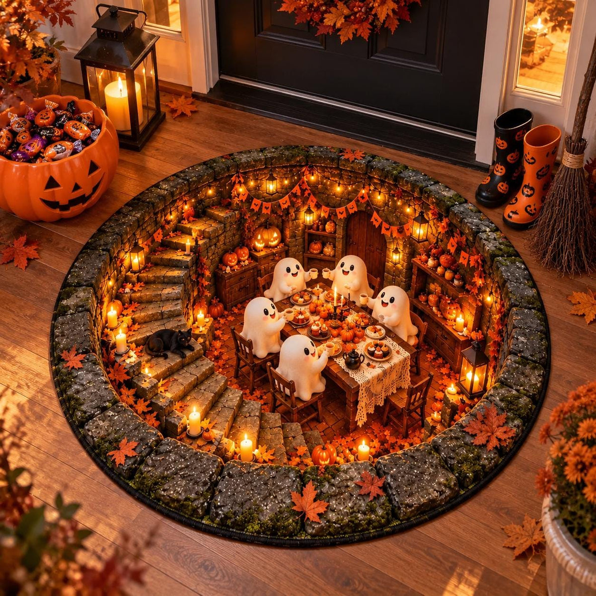 3D Halloween Ghost Dinner Party Round Rug, Spooky Stone Cellar Illusion Area Rug, Non-Slip Foam Cushion Floor – view 3
