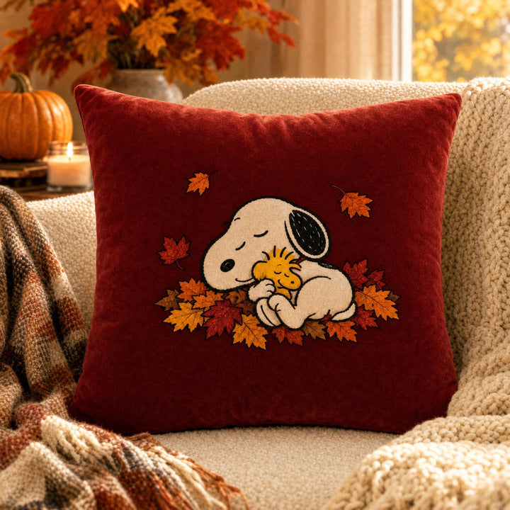 Cozy Fall Sleeping Pup & Bird Velvet Pillow Case – Double-Sided Autumn Leaves Decorative Cushion Cover, Envelope Closure