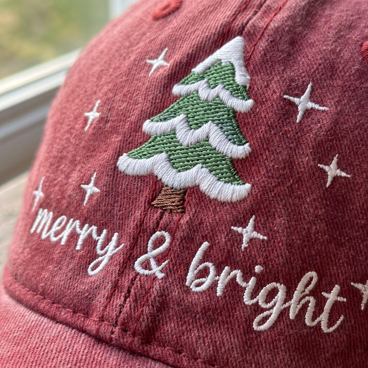 Embroidered Merry And Bright Hat: Christmas Tree Washed Cotton Cap, Vintage Holiday Dad Hat