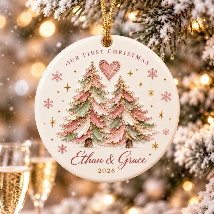 Our First Christmas Ornament 2026, Personalized Couple Names Ornament, Pink Christmas Tree Heart Ornament, Newlywed Gift