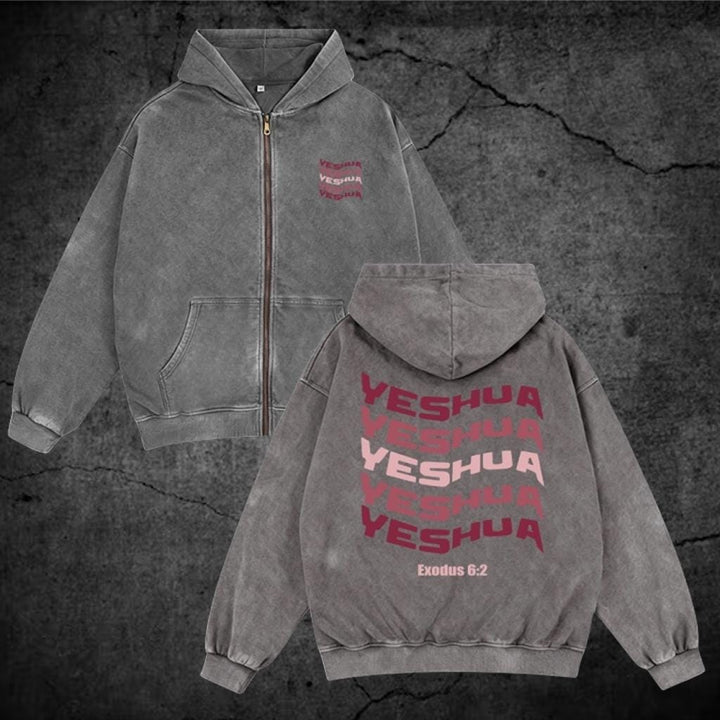 Yeshua Washed Zip Hoodie, Christian Faith Graphic Jacket, Vintage Jesus Messiah Religious Streetwear Pullover